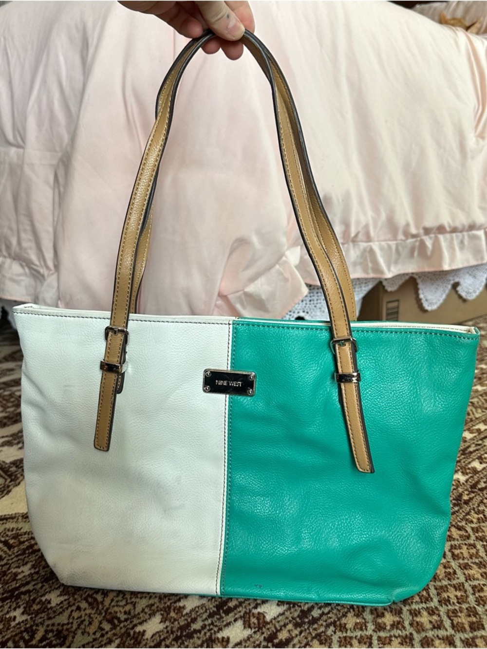 Nine West White and Teal Colorblock Tote with Tan Straps